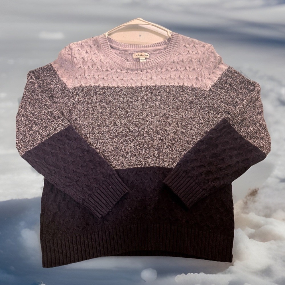 Crofts & Barrow Petite Colorblock Cable Knit Sweater Purple Gray Dark Purple PL